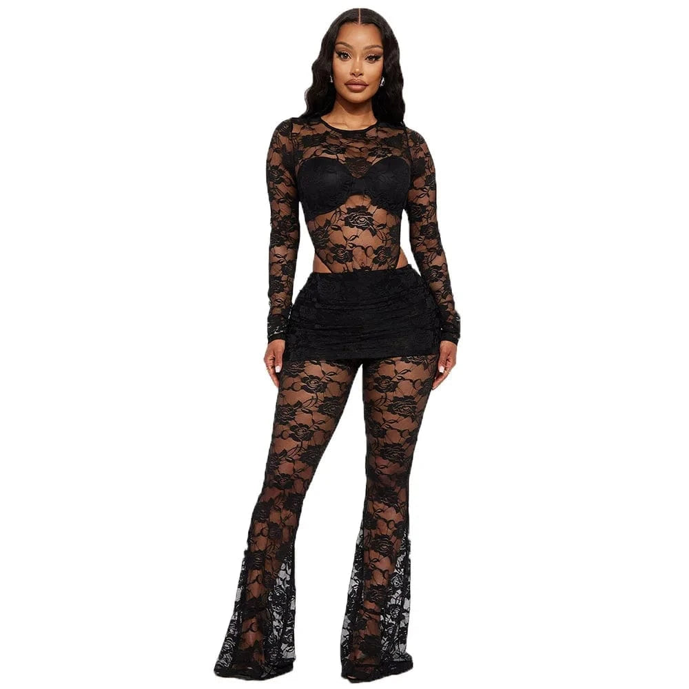 New Fashion 2024 Valentines Pajamas Spring Ladies Two Pieces Sets Sexy Lace Mesh Sleeve Bodysuit And Pant Set