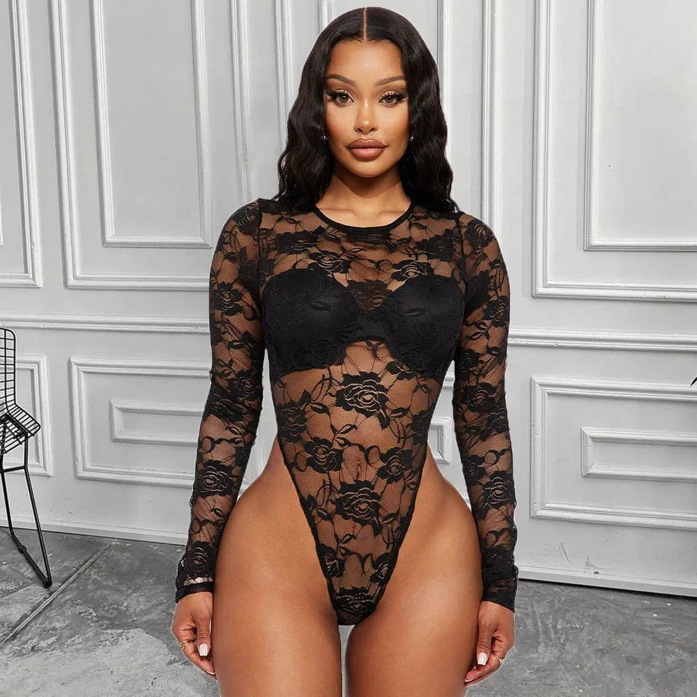 New Fashion 2024 Valentines Pajamas Spring Ladies Two Pieces Sets Sexy Lace Mesh Sleeve Bodysuit And Pant Set