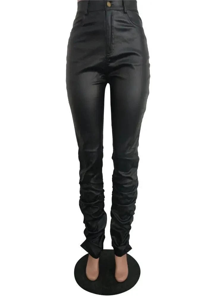 New Fashion 2024 Women Clothing Faux Leather Pants Cyber Y2k Vintage Stacked Button Up Long Trouser
