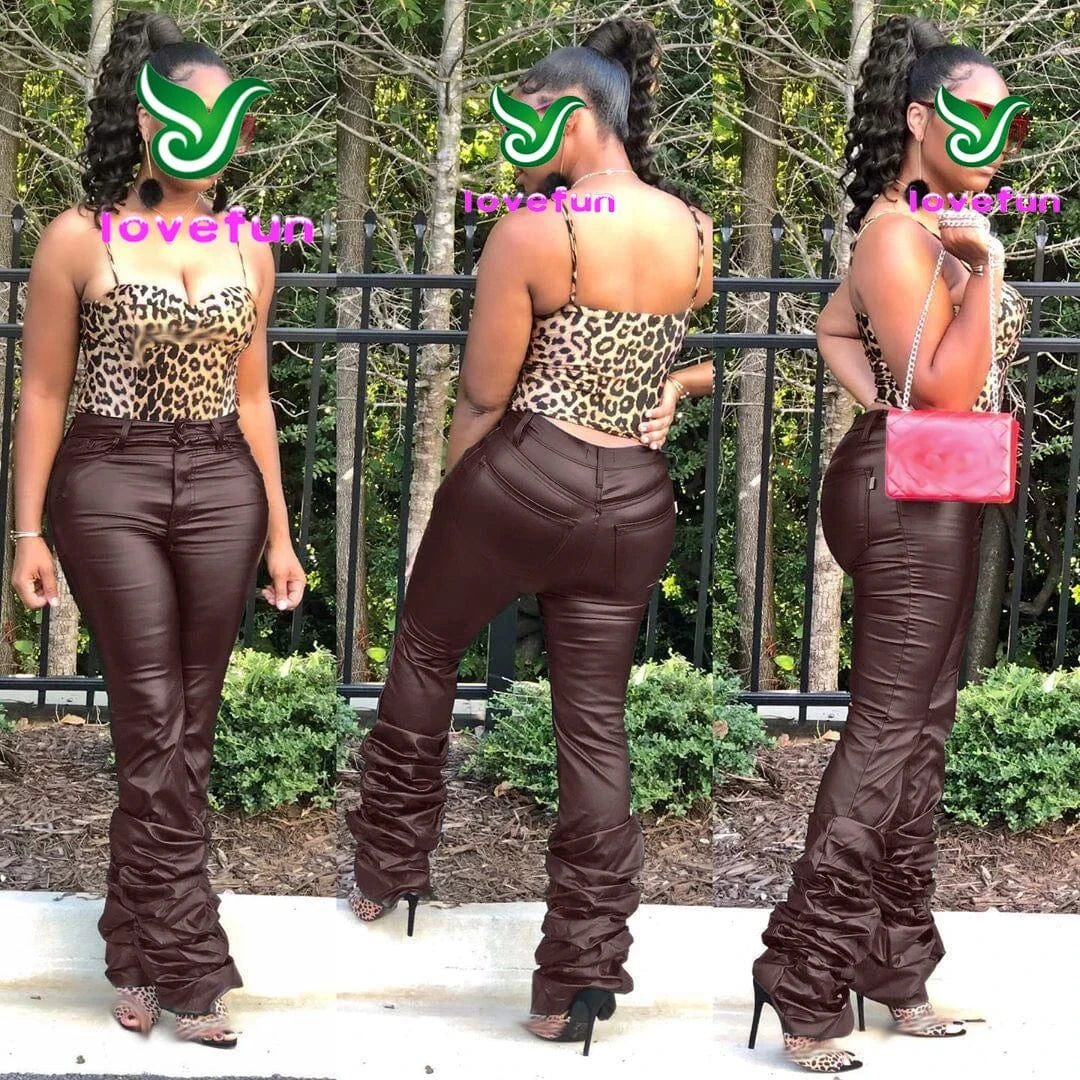 New Fashion 2024 Women Clothing Faux Leather Pants Cyber Y2k Vintage Stacked Button Up Long Trouser