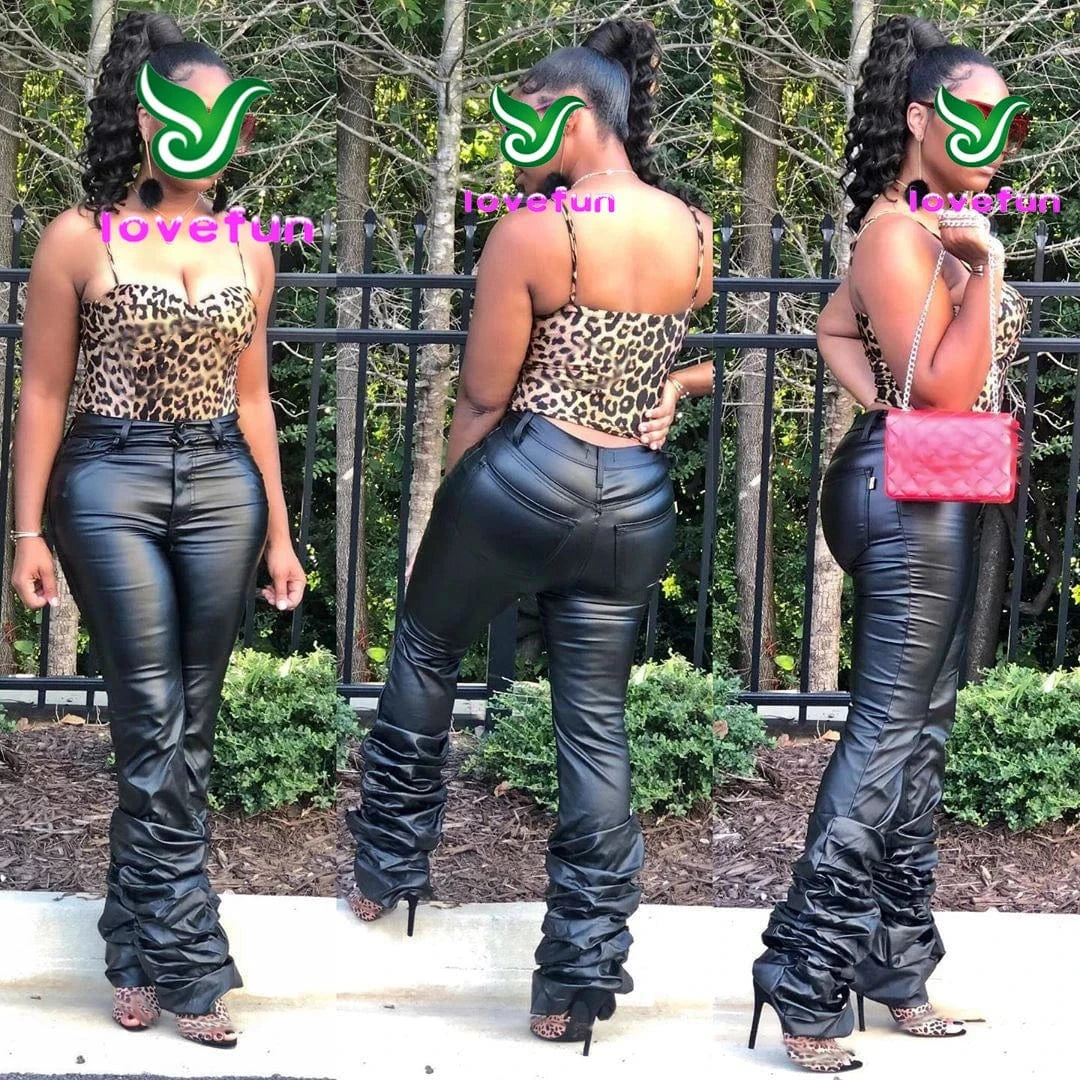 New Fashion 2024 Women Clothing Faux Leather Pants Cyber Y2k Vintage Stacked Button Up Long Trouser