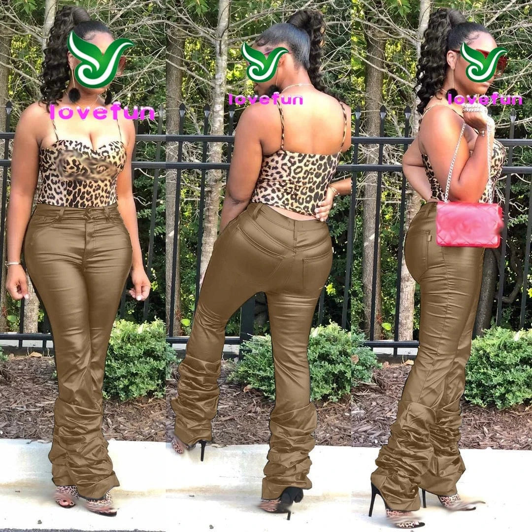 New Fashion 2024 Women Clothing Faux Leather Pants Cyber Y2k Vintage Stacked Button Up Long Trouser