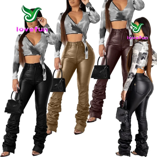 New Fashion 2024 Women Clothing Faux Leather Pants Cyber Y2k Vintage Stacked Button Up Long Trouser