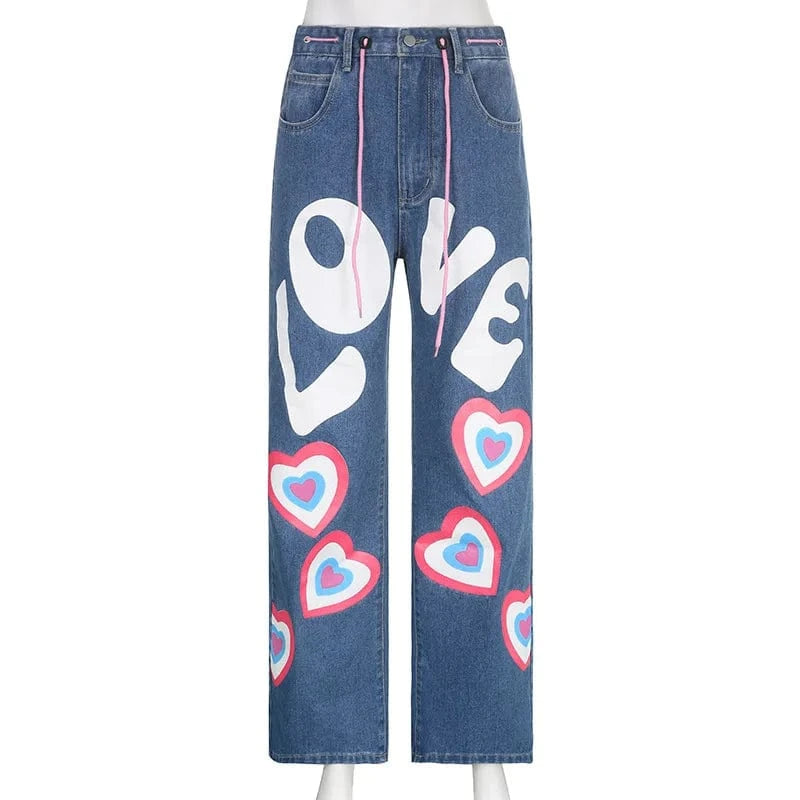 New fashion casual multi pocket heart shaped printed color flare denim cargo pants women low waist straight loose jean