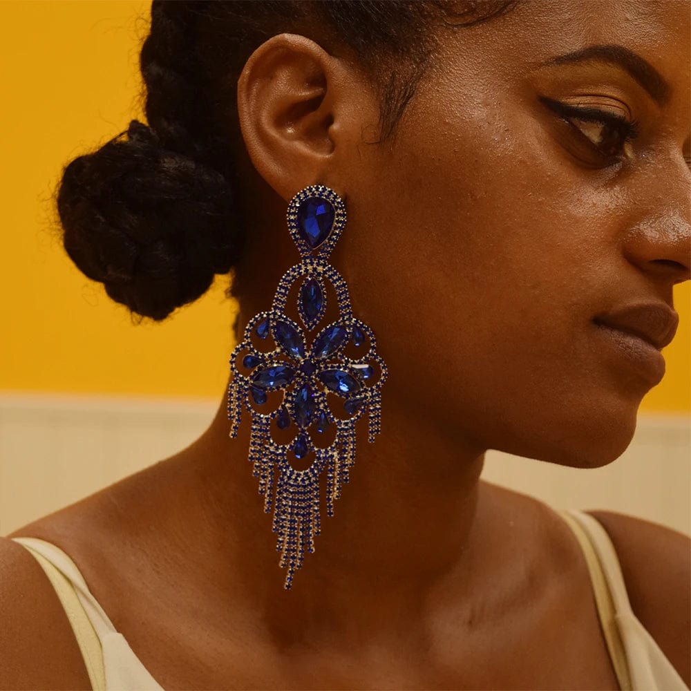New Fashion Colorful Crystal Tassel Rhinestone Earrings for Women Big Flower Drop Stud Earrings Anniversary Jewelry
