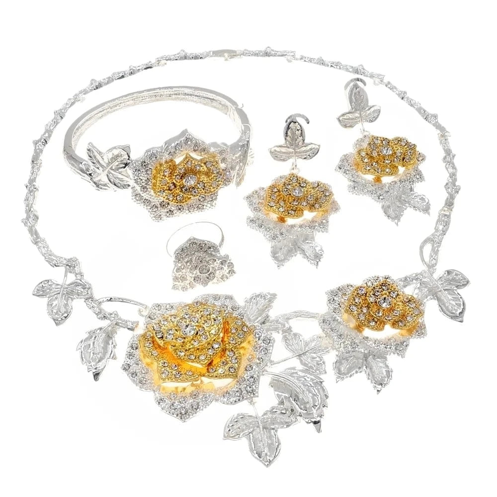 New Fashion Latest Ring Bracelet Gold Plated Exquisite Flower Leaf Necklace Canadian Easter Women Favorite Zircon Jewelry Set