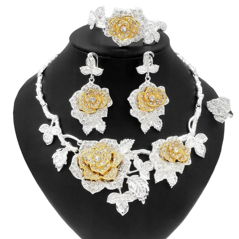 New Fashion Latest Ring Bracelet Gold Plated Exquisite Flower Leaf Necklace Canadian Easter Women Favorite Zircon Jewelry Set
