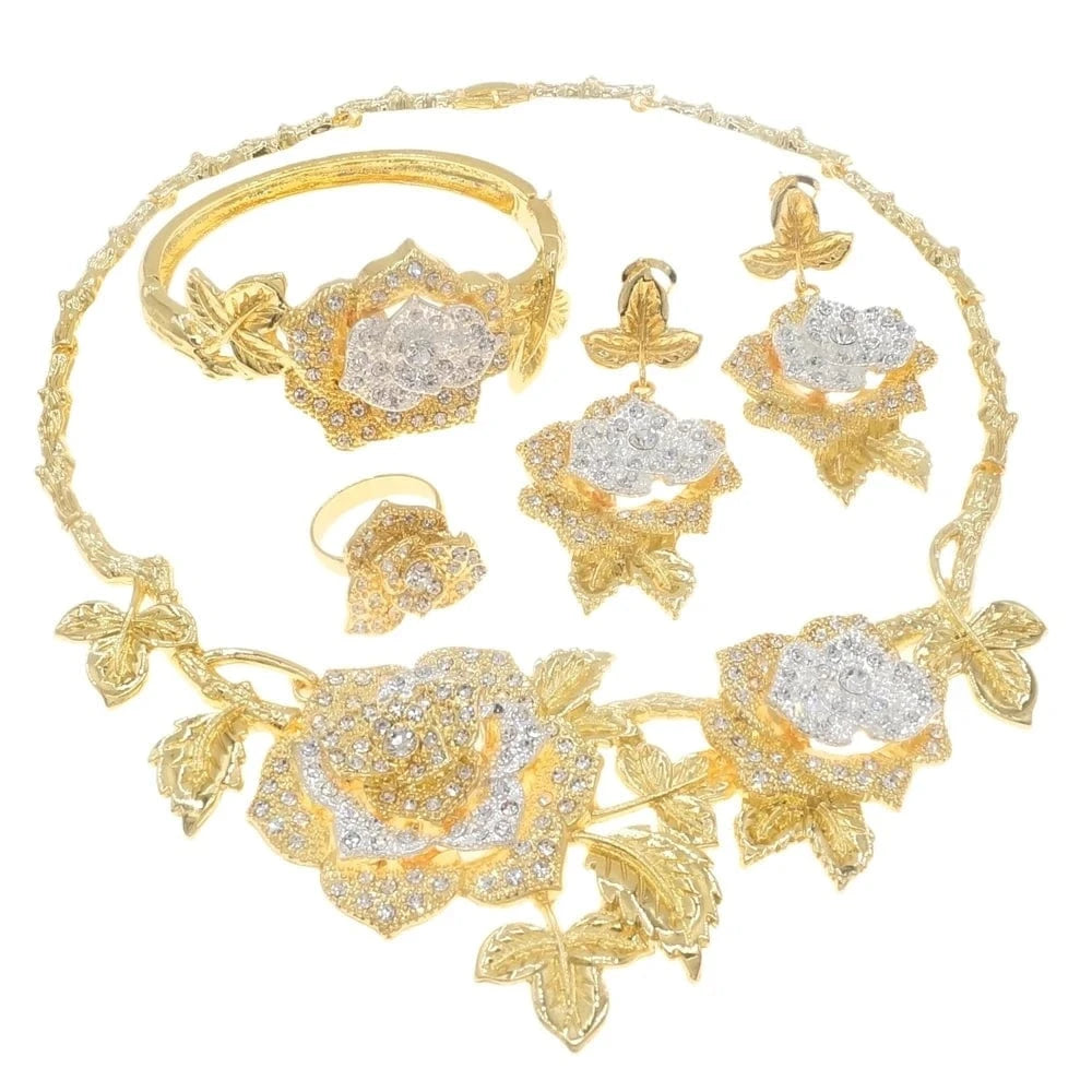New Fashion Latest Ring Bracelet Gold Plated Exquisite Flower Leaf Necklace Canadian Easter Women Favorite Zircon Jewelry Set