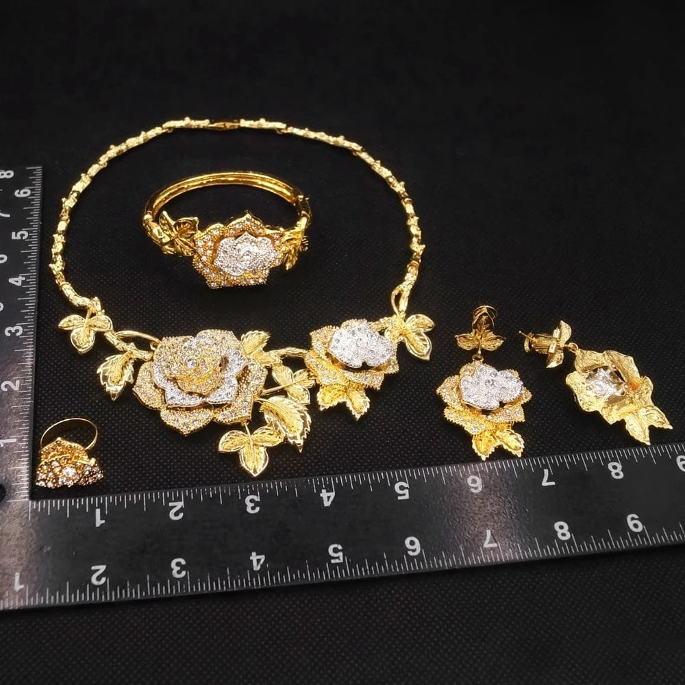 New Fashion Latest Ring Bracelet Gold Plated Exquisite Flower Leaf Necklace Canadian Easter Women Favorite Zircon Jewelry Set