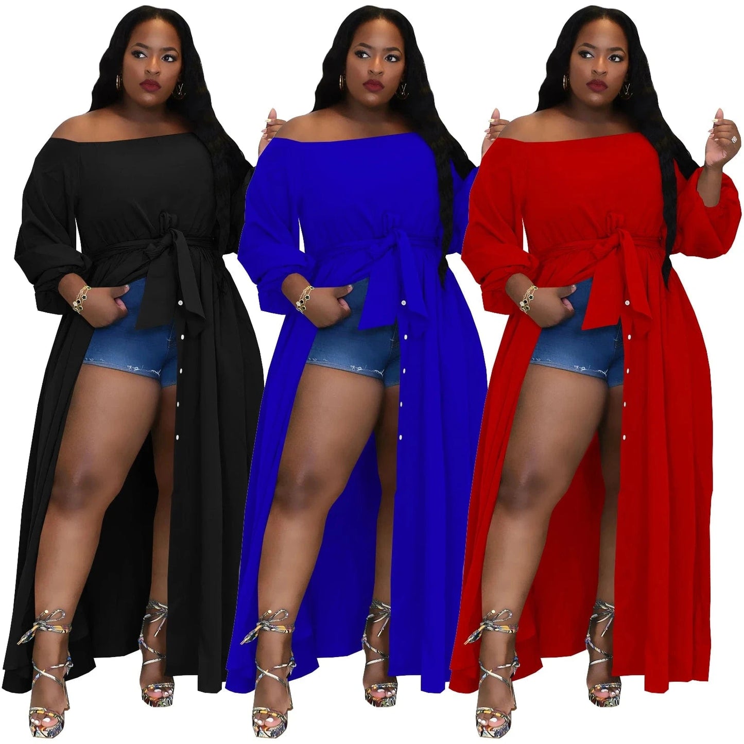 New Fashion Party High Street Woman Plus Size Women's Clothing Off Shoulder Split Maxi Dress with Belt