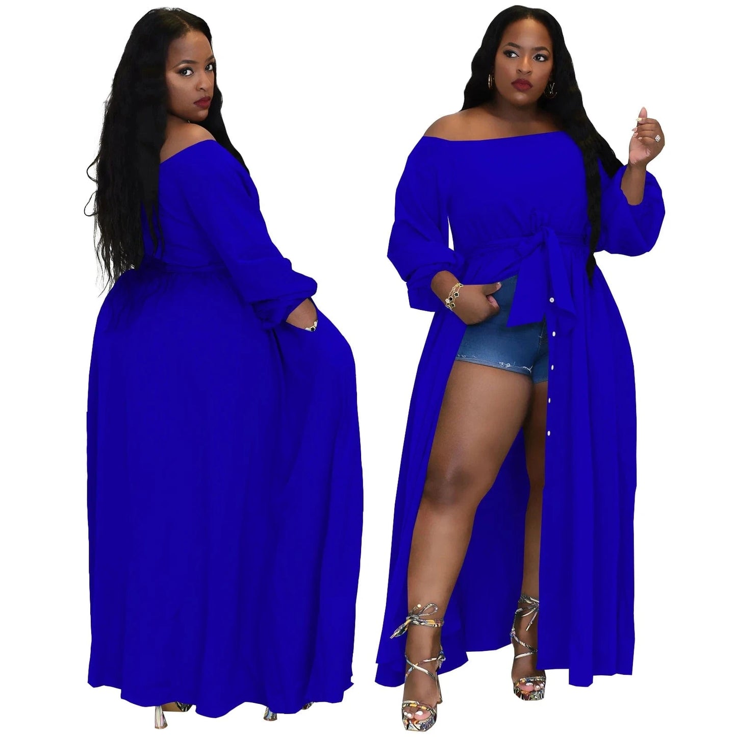New Fashion Party High Street Woman Plus Size Women's Clothing Off Shoulder Split Maxi Dress with Belt