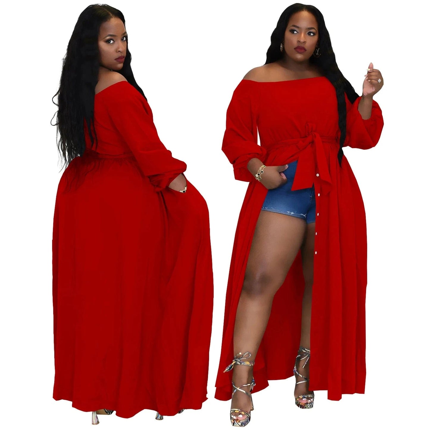 New Fashion Party High Street Woman Plus Size Women's Clothing Off Shoulder Split Maxi Dress with Belt