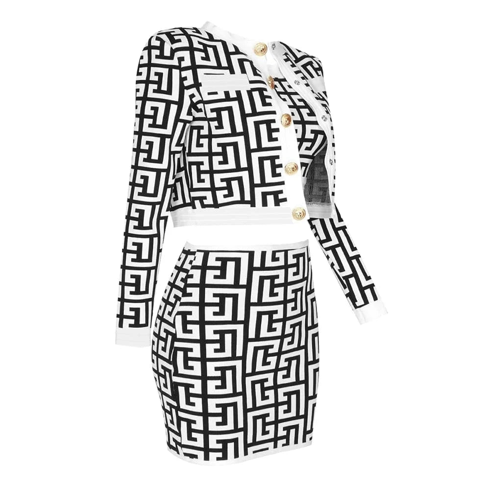 New Fashion Plaid long sleeve metal buckle white jacquard three piece suit Clothing Women