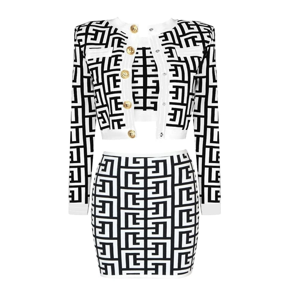 New Fashion Plaid long sleeve metal buckle white jacquard three piece suit Clothing Women