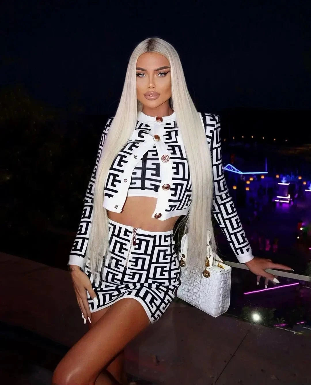 New Fashion Plaid long sleeve metal buckle white jacquard three piece suit Clothing Women