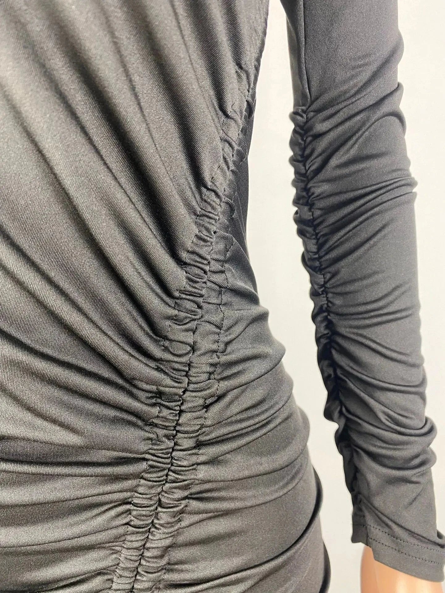 New Fashion Plain Color Spring Long Sleeves Pleated Ruffles Notched Cut Front Bodycon Dress Women Stylish Eve Sexy Dress