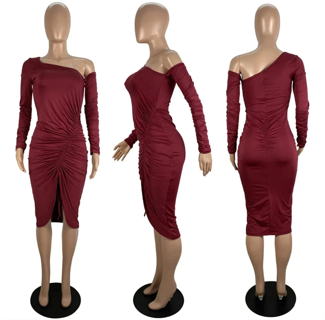 New Fashion Plain Color Spring Long Sleeves Pleated Ruffles Notched Cut Front Bodycon Dress Women Stylish Eve Sexy Dress