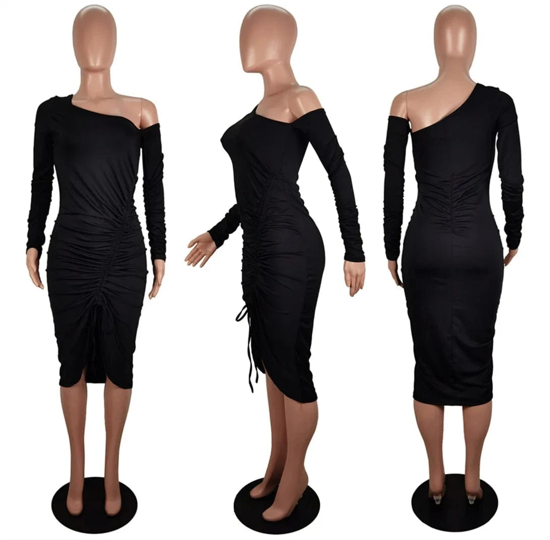 New Fashion Plain Color Spring Long Sleeves Pleated Ruffles Notched Cut Front Bodycon Dress Women Stylish Eve Sexy Dress