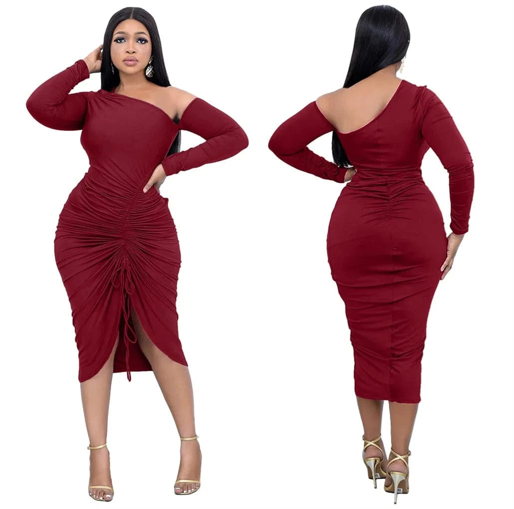 New Fashion Plain Color Spring Long Sleeves Pleated Ruffles Notched Cut Front Bodycon Dress Women Stylish Eve Sexy Dress