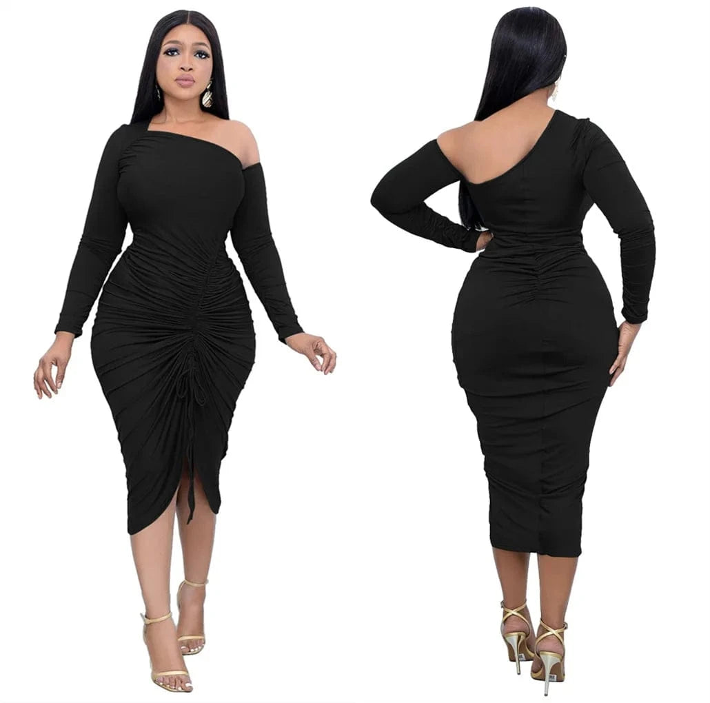 New Fashion Plain Color Spring Long Sleeves Pleated Ruffles Notched Cut Front Bodycon Dress Women Stylish Eve Sexy Dress