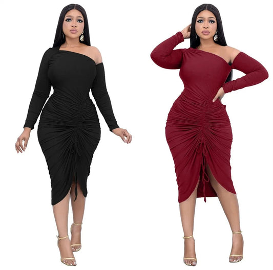 New Fashion Plain Color Spring Long Sleeves Pleated Ruffles Notched Cut Front Bodycon Dress Women Stylish Eve Sexy Dress