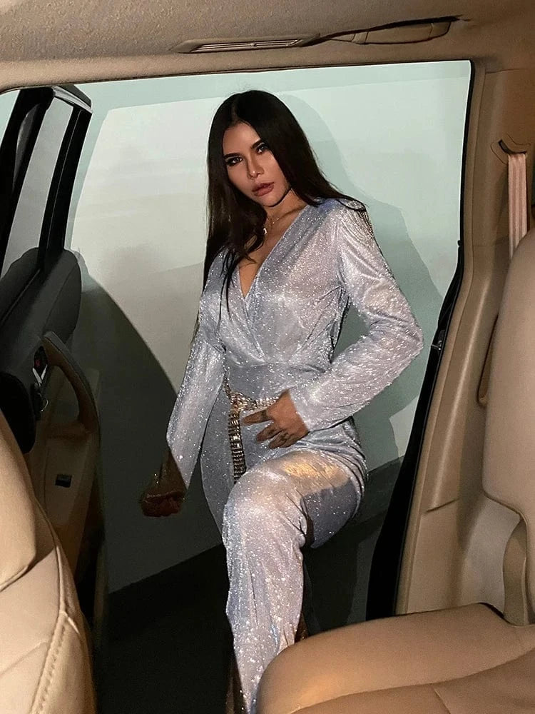 New Fashion Sequins Jumpsuit For Women 2025 Long Sleeves V Neck Draped Autumn Rompers Celebrity Evening Party Club Overall