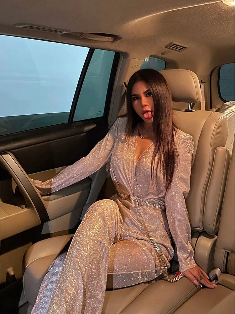 New Fashion Sequins Jumpsuit For Women 2025 Long Sleeves V Neck Draped Autumn Rompers Celebrity Evening Party Club Overall