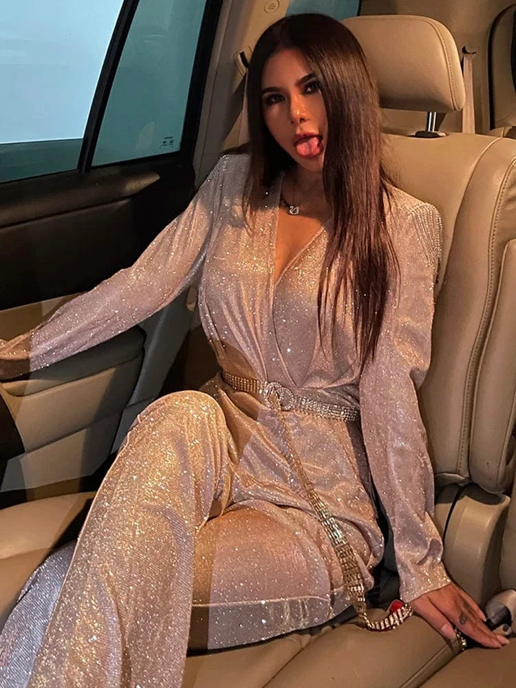 New Fashion Sequins Jumpsuit For Women 2025 Long Sleeves V Neck Draped Autumn Rompers Celebrity Evening Party Club Overall