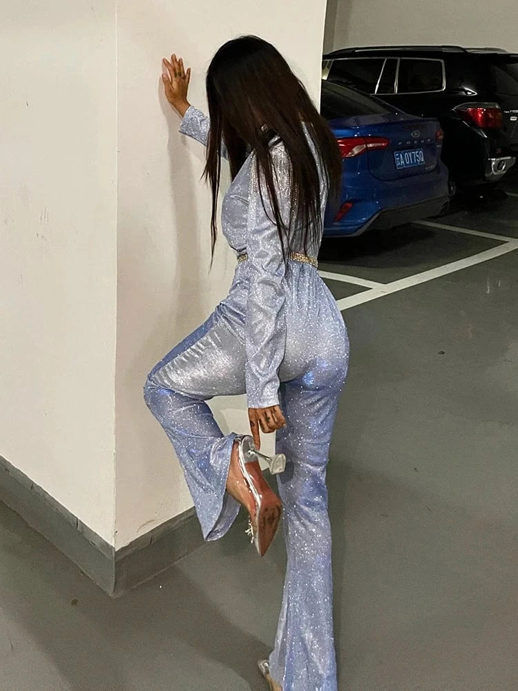New Fashion Sequins Jumpsuit For Women 2025 Long Sleeves V Neck Draped Autumn Rompers Celebrity Evening Party Club Overall