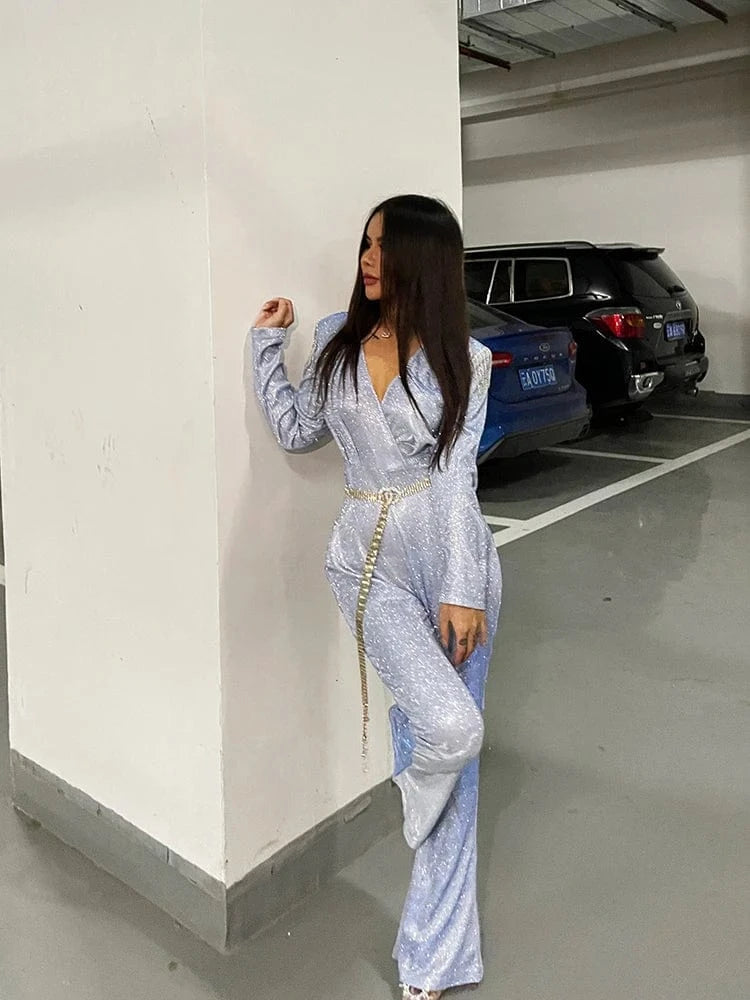 New Fashion Sequins Jumpsuit For Women 2025 Long Sleeves V Neck Draped Autumn Rompers Celebrity Evening Party Club Overall