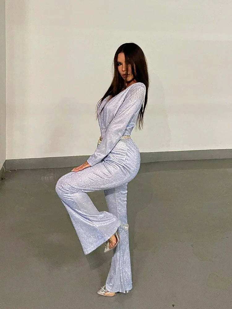New Fashion Sequins Jumpsuit For Women 2025 Long Sleeves V Neck Draped Autumn Rompers Celebrity Evening Party Club Overall