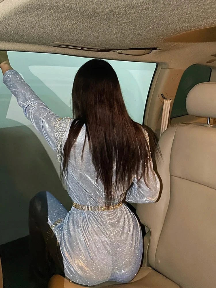 New Fashion Sequins Jumpsuit For Women 2025 Long Sleeves V Neck Draped Autumn Rompers Celebrity Evening Party Club Overall