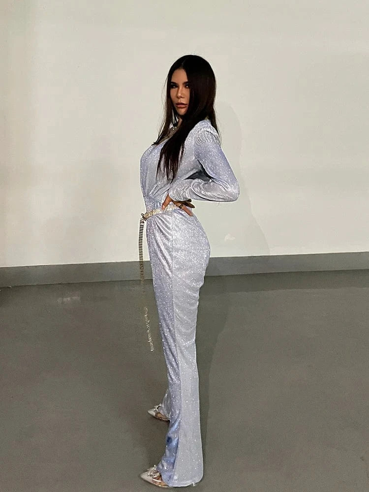 New Fashion Sequins Jumpsuit For Women 2025 Long Sleeves V Neck Draped Autumn Rompers Celebrity Evening Party Club Overall