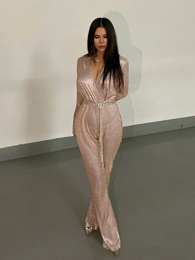New Fashion Sequins Jumpsuit For Women 2025 Long Sleeves V Neck Draped Autumn Rompers Celebrity Evening Party Club Overall