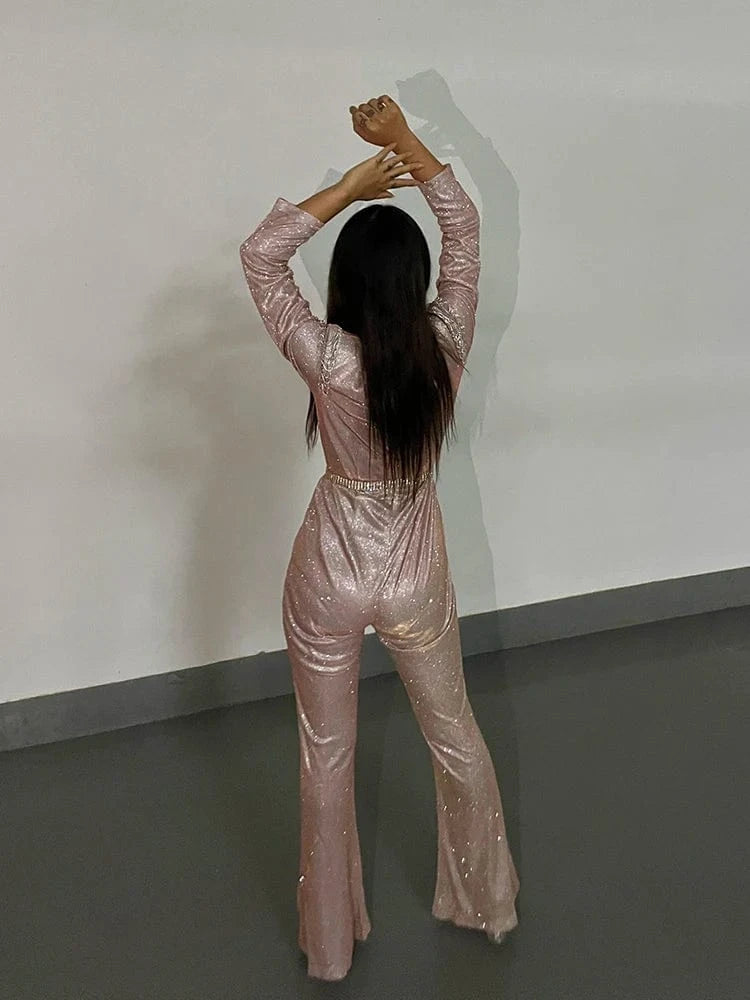 New Fashion Sequins Jumpsuit For Women 2025 Long Sleeves V Neck Draped Autumn Rompers Celebrity Evening Party Club Overall