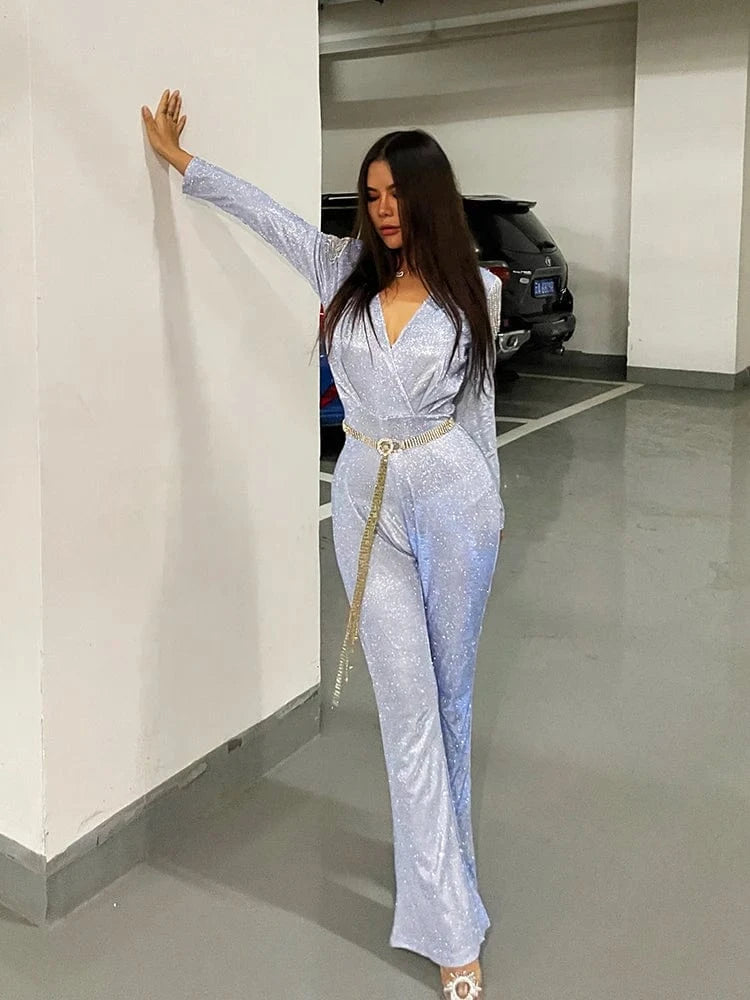 New Fashion Sequins Jumpsuit For Women 2025 Long Sleeves V Neck Draped Autumn Rompers Celebrity Evening Party Club Overall