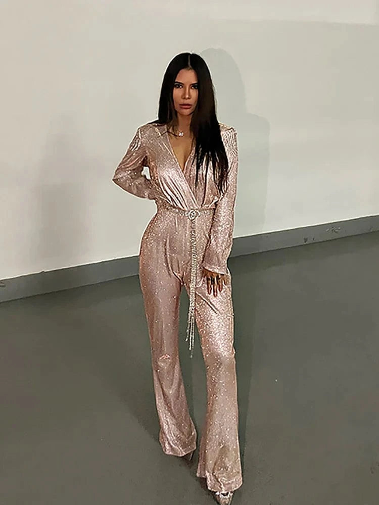 New Fashion Sequins Jumpsuit For Women 2025 Long Sleeves V Neck Draped Autumn Rompers Celebrity Evening Party Club Overall
