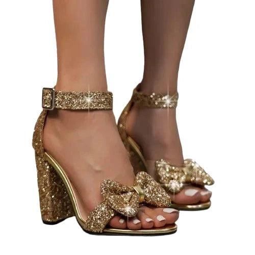 New Fashion Shiny Bow Party Sexy Sandales Sequin High Heel Women's Pumps Shoes Buckle Thick High Heel Sandals