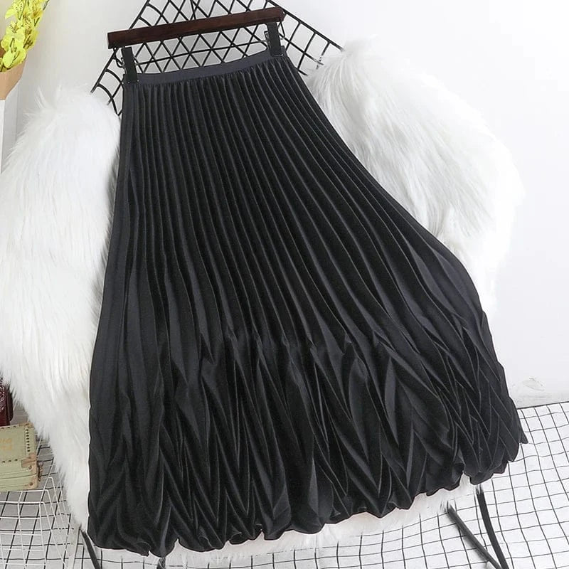 New Fashion Spring Autumn Pleated Skirts for Women High Quality Elegant Casual Korean Chic Kawaii Long A-line Skirt Woman Cloth