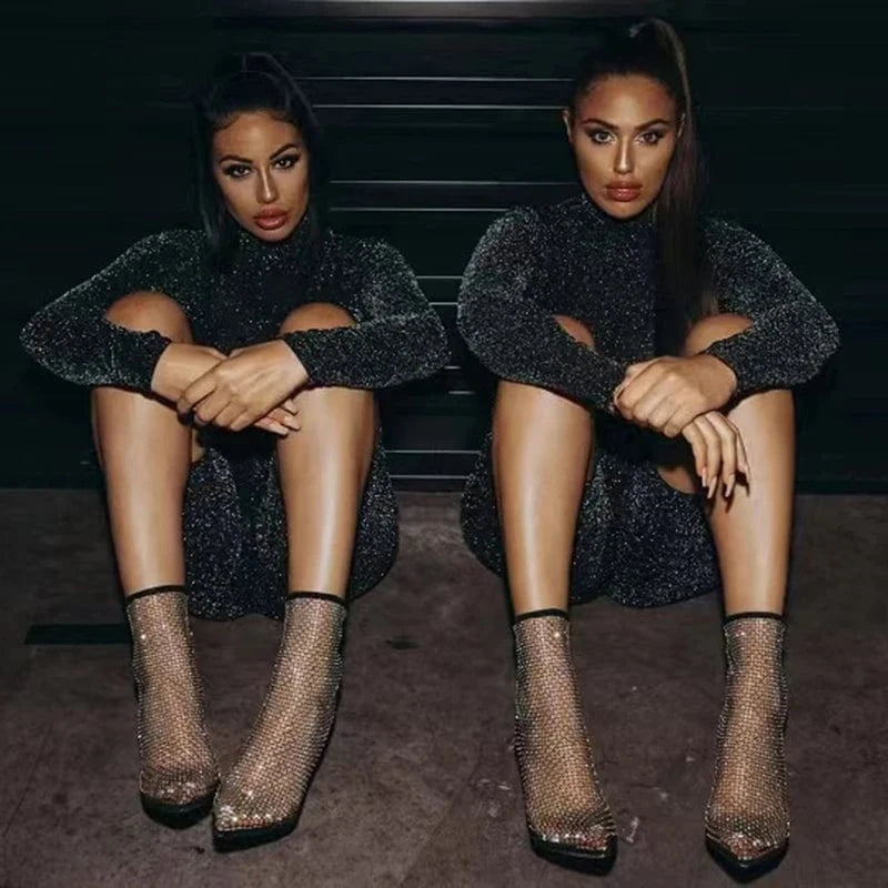 New Fashion Women 2022 Mesh Upper Sandals Short Boots HIgh Heels Lady Summer Shoes shinny Party Pumps Pointed Toe Sexy Diamonds