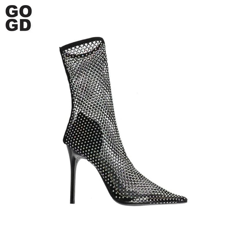 New Fashion Women 2022 Mesh Upper Sandals Short Boots HIgh Heels Lady Summer Shoes shinny Party Pumps Pointed Toe Sexy Diamonds