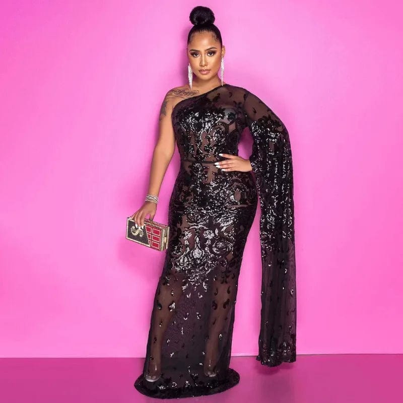 New fashion women's single shoulder Embroidered Beaded mesh diagonal shoulder sexy evening dress women's dress