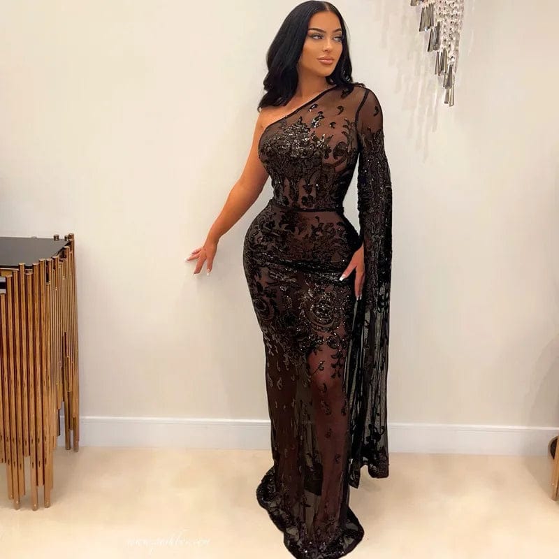 New fashion women's single shoulder Embroidered Beaded mesh diagonal shoulder sexy evening dress women's dress