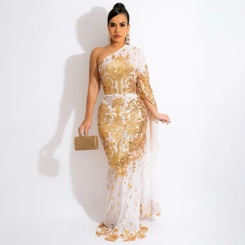 New fashion women's single shoulder Embroidered Beaded mesh diagonal shoulder sexy evening dress women's dress