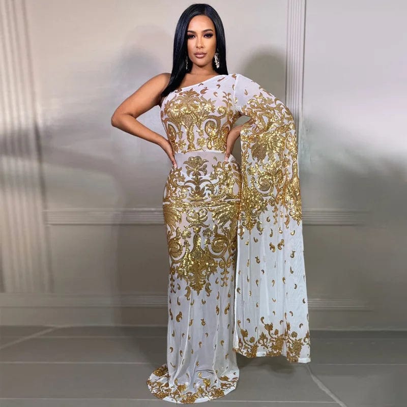 New fashion women's single shoulder Embroidered Beaded mesh diagonal shoulder sexy evening dress women's dress
