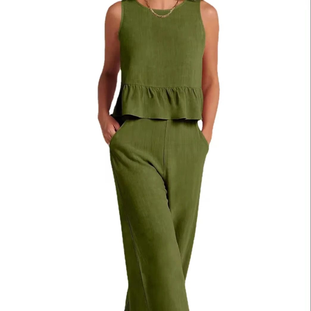 New fashion women's summer sleeveless pleated bottoming shirt wide-legged pants casual suit top + pants two-piece casual suit
