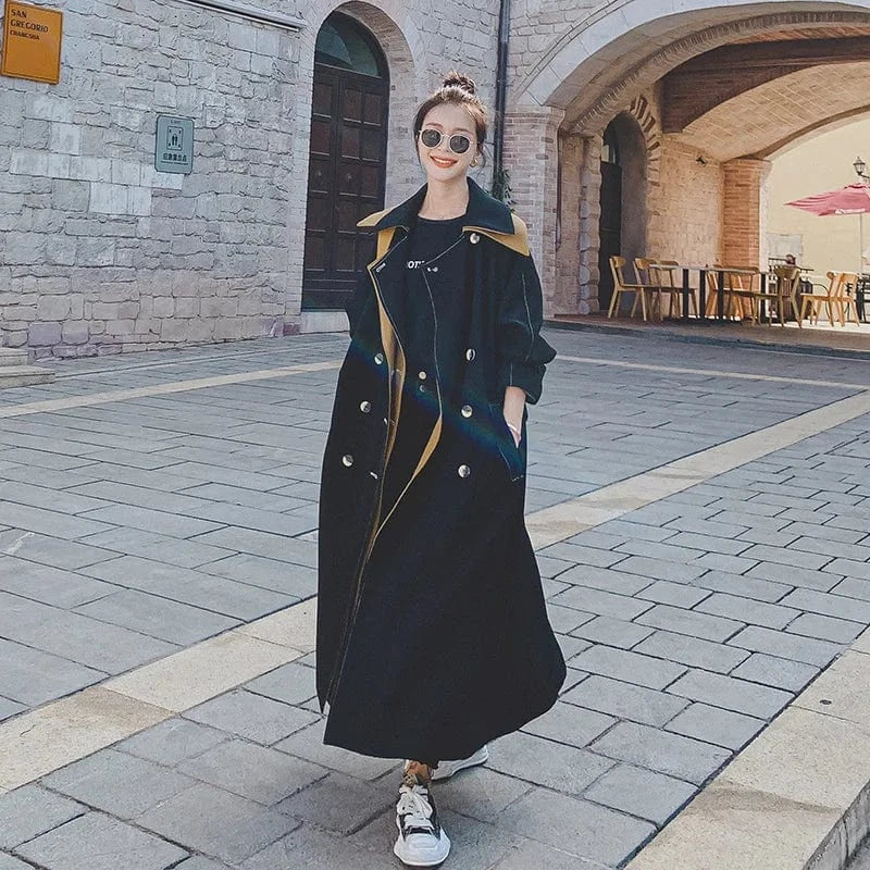 New Fashion Women Trench Coat Black Double-breasted with Belt Long Duster Coat for Lady Spring Autumn Female Outerwear 1 Piece