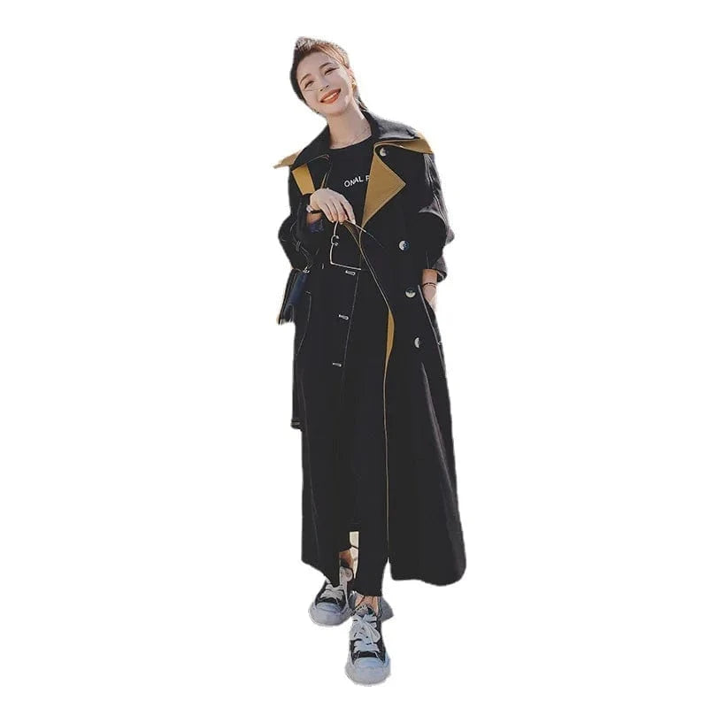 New Fashion Women Trench Coat Black Double-breasted with Belt Long Duster Coat for Lady Spring Autumn Female Outerwear 1 Piece