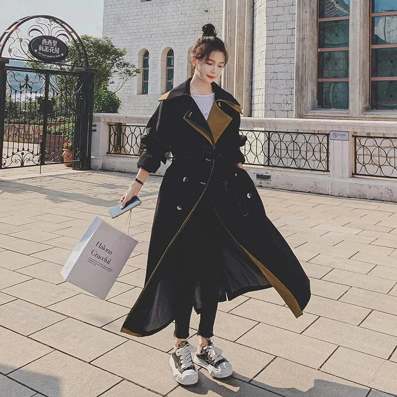 New Fashion Women Trench Coat Black Double-breasted with Belt Long Duster Coat for Lady Spring Autumn Female Outerwear 1 Piece