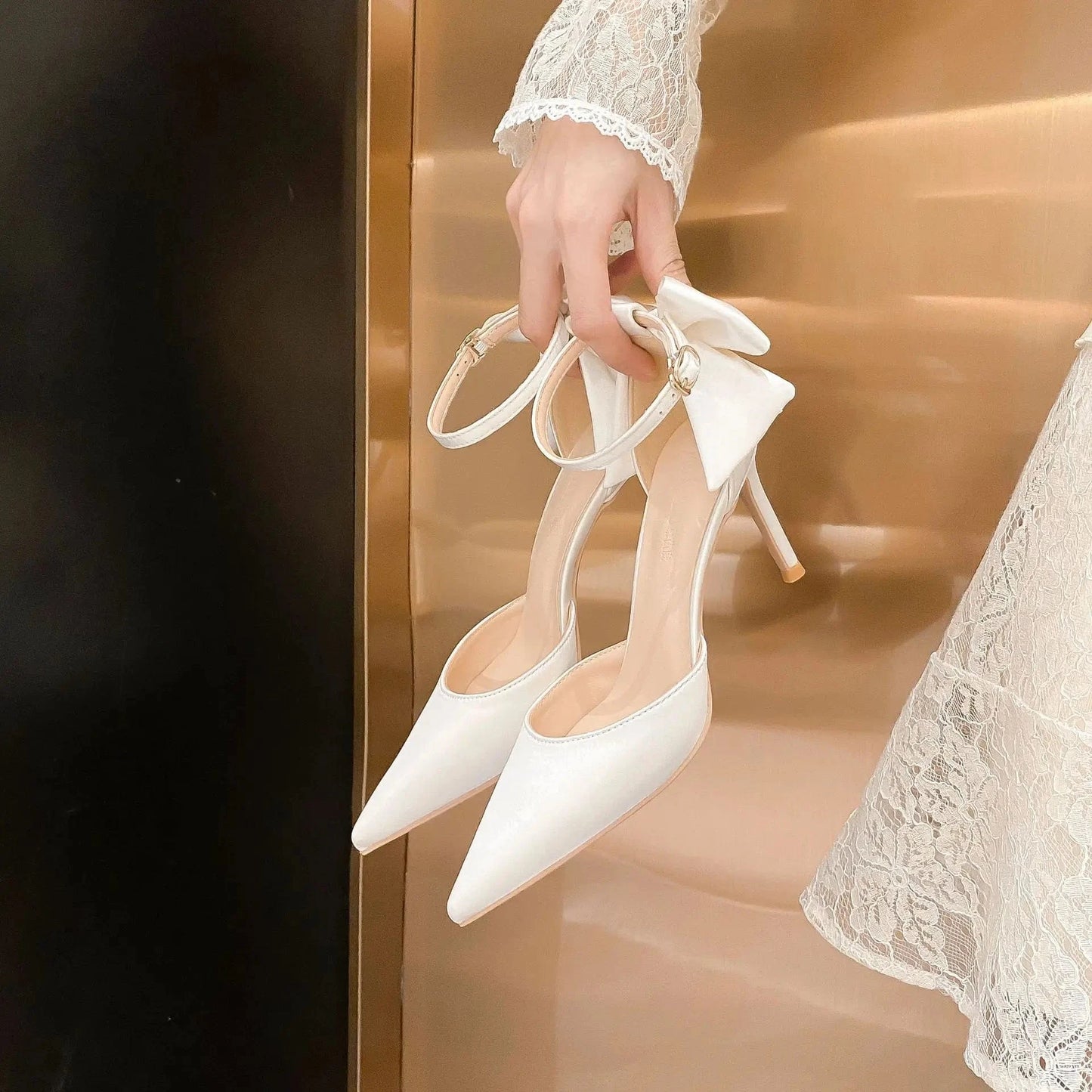 New Female Point Toe Hollow Out High Heels Stilettos Women Silks Bowknot Strap Buckle Sandals